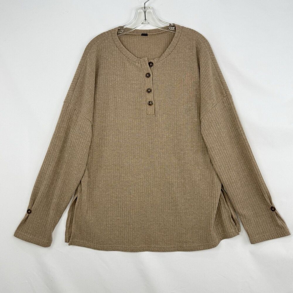 Womens Pale Khaki Rib Textured Henley Knit Top Size XL Long Sleeve Button - Picture 3 of 16